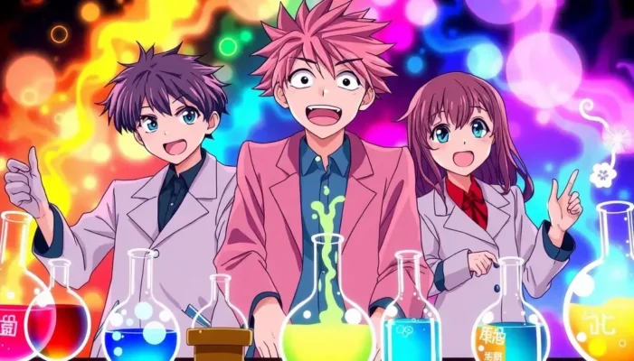 Anime-themed characters conducting science experiments amidst a vibrant laboratory setting, complete with bubbling flasks.