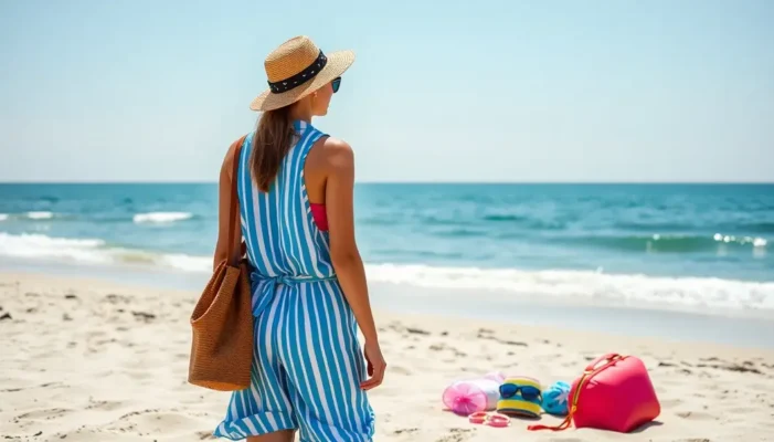A person dressed in a trendy beach outfit on a sandy shore with ocean view.