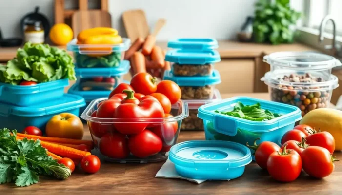 Kitchen scene with produce, containers, and a planner on the table.