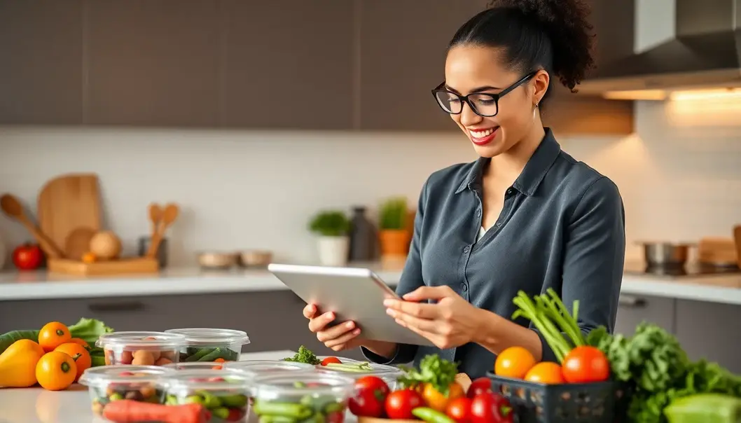 Busy professional organizing meal planning using a tablet.