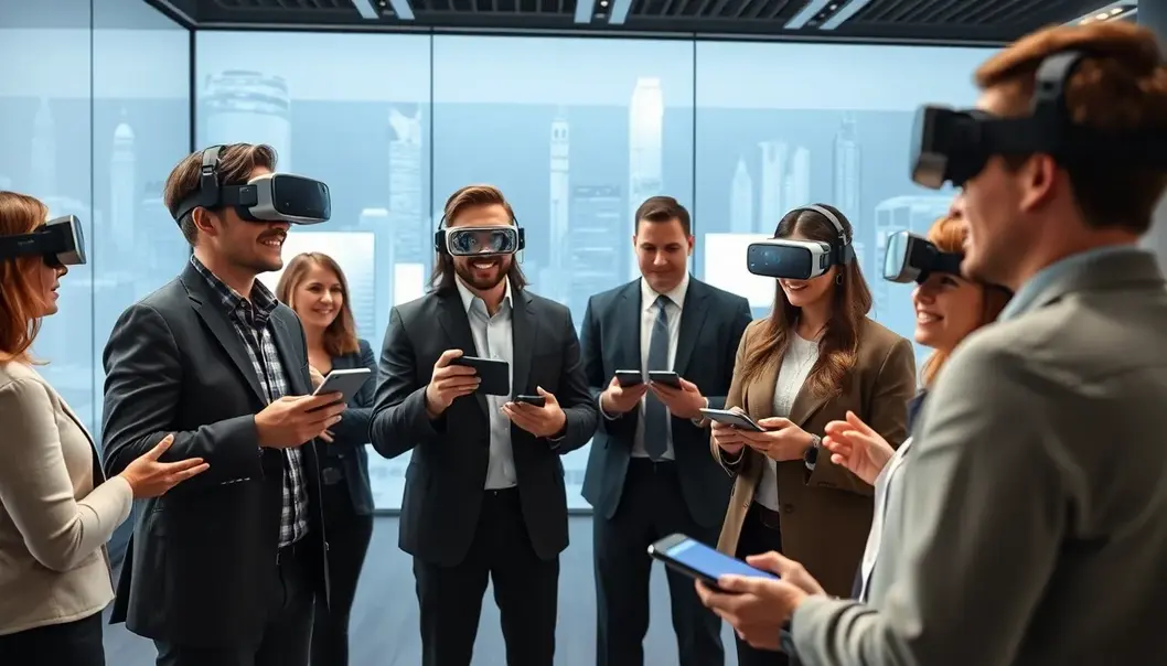 Professionals navigating and collaborating within the metaverse.