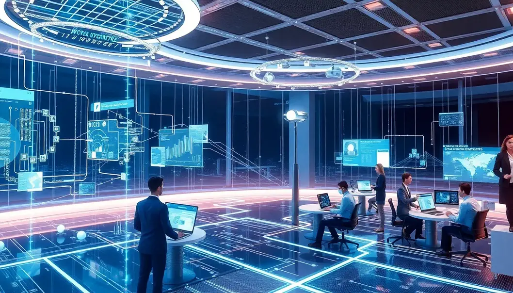 Professionals navigating and collaborating within the metaverse.