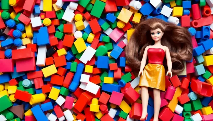 Collage of Lego bricks and Barbie dolls symbolizing cultural influence.